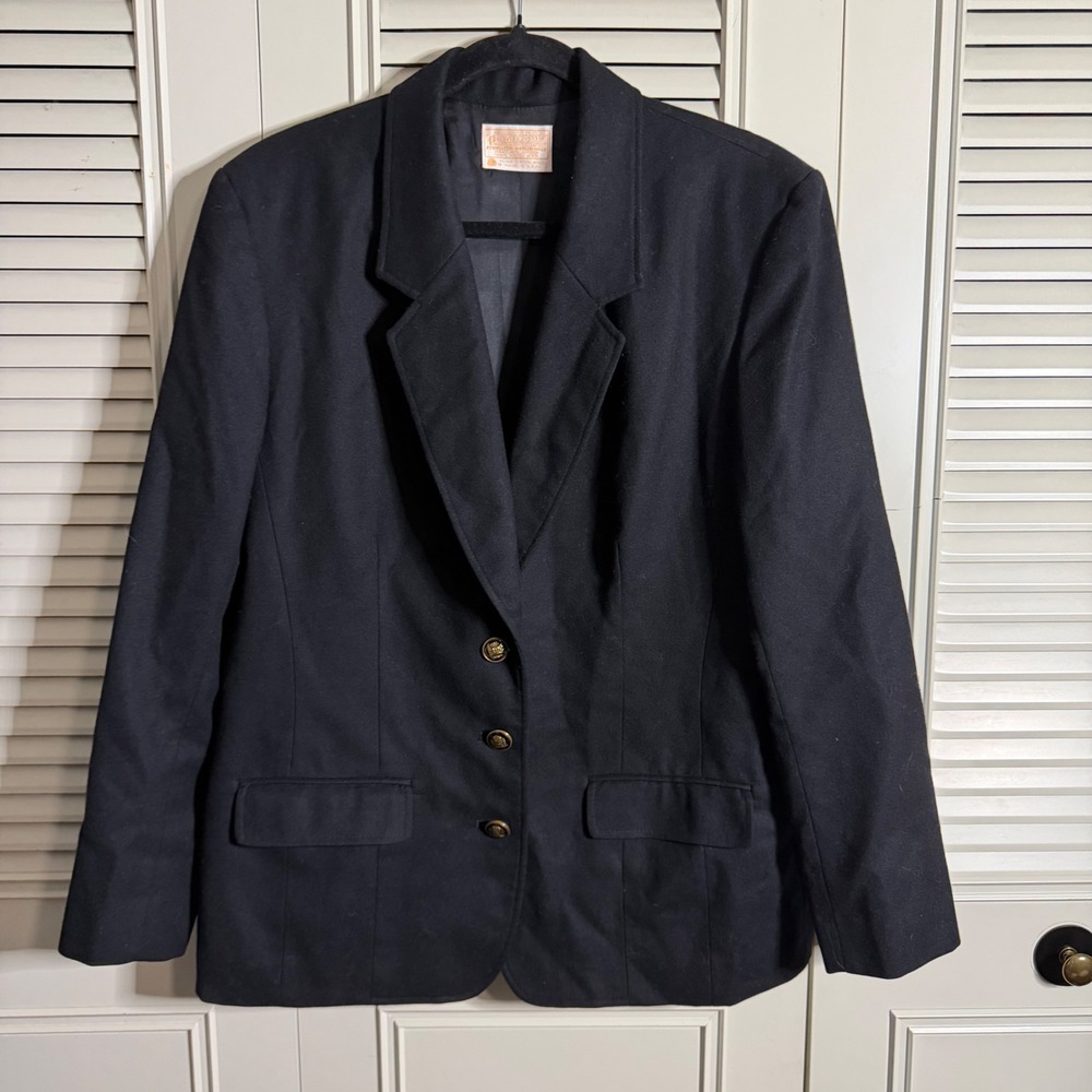 Vintage Pendleton Wool Blazer Navy Blue Gold Crest Button USA Made Womens 14